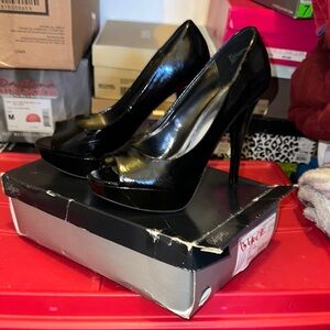 City Streets Black Patent Peep-Toe Platform Heels